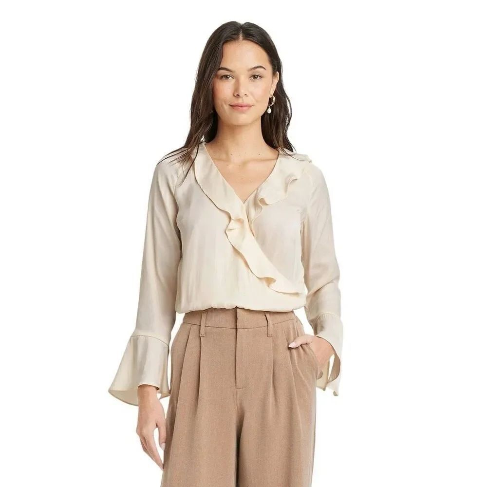 A New Day Flounce Long Sleeve V-Neck Ruffle Wrap Blouse SZ S NWT